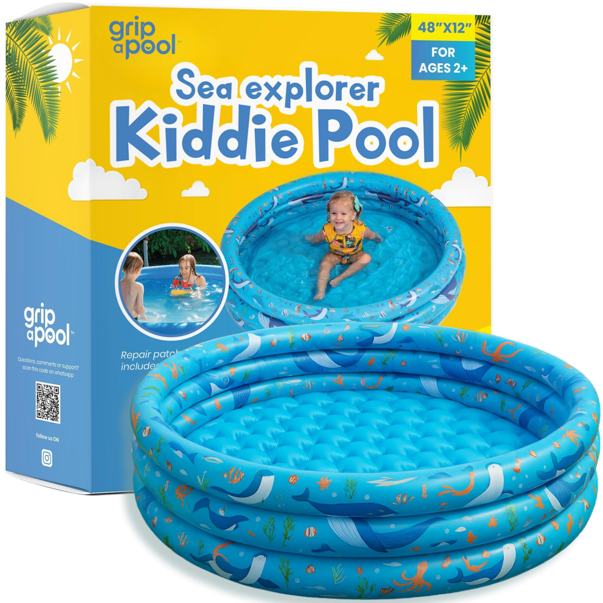 GRIP A POOL inflatable kiddie pool with sea life print for sunny backyard fun.