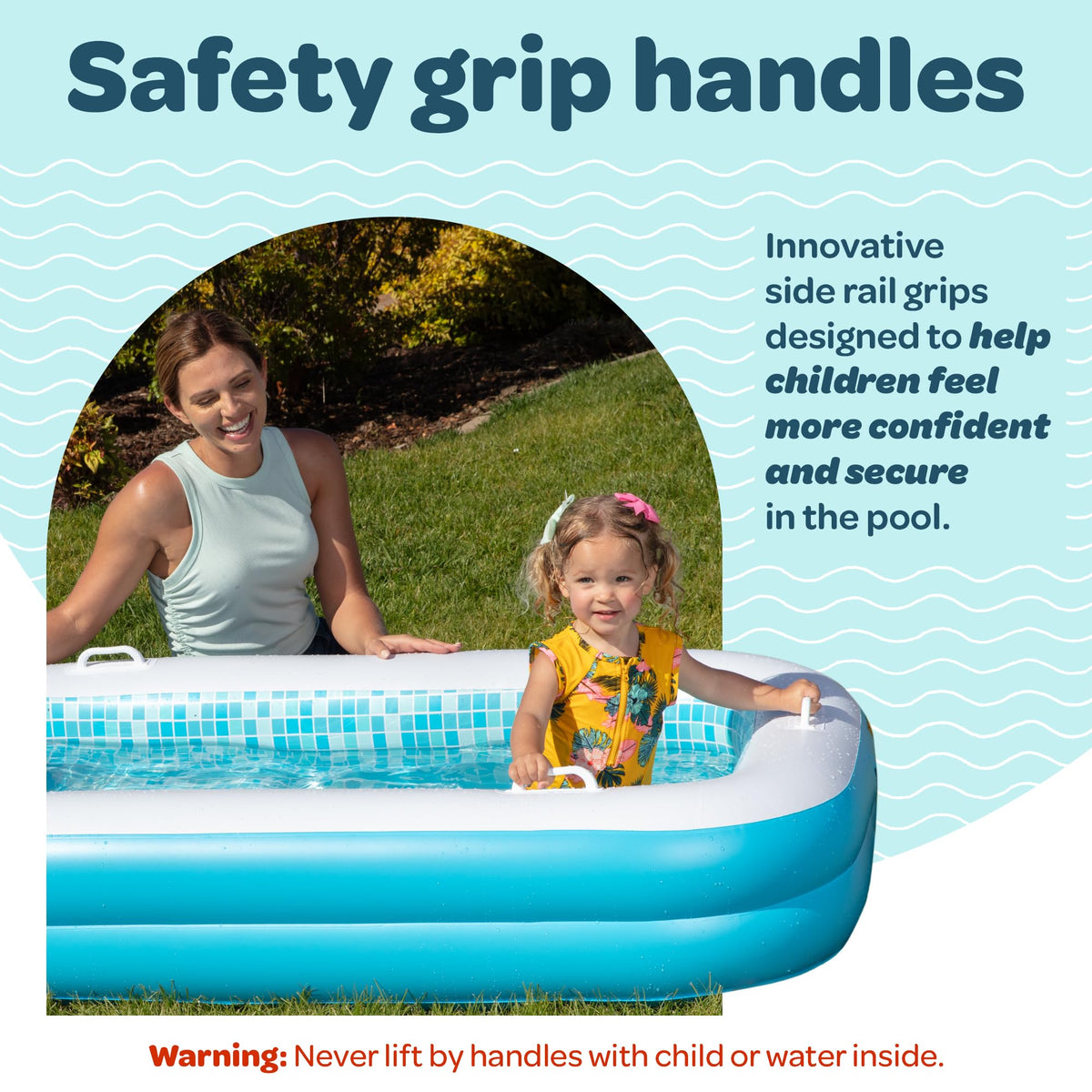 GRIP-A-POOL quick inflate/deflate valve enables fast backyard setup.