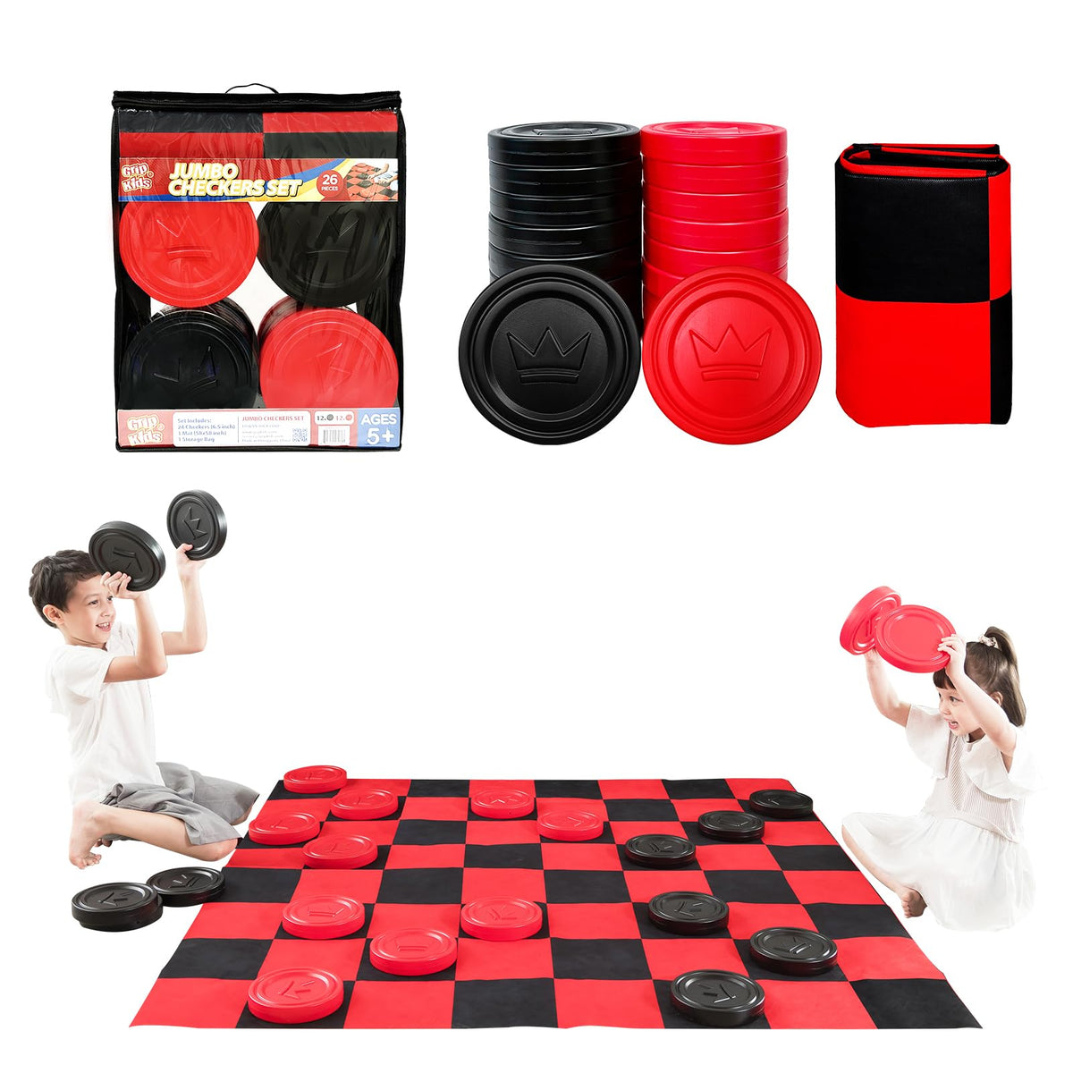 Grip Kids jumbo checkers mat 58-inch for oversized, engaging play indoors or outdoors.