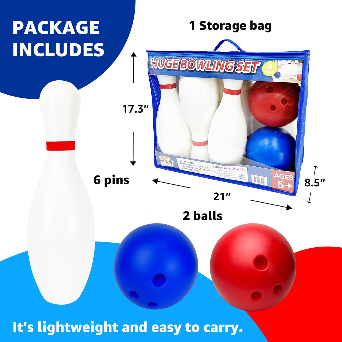 Grip Kids giant pins and balls enable easy knockdowns and active play.