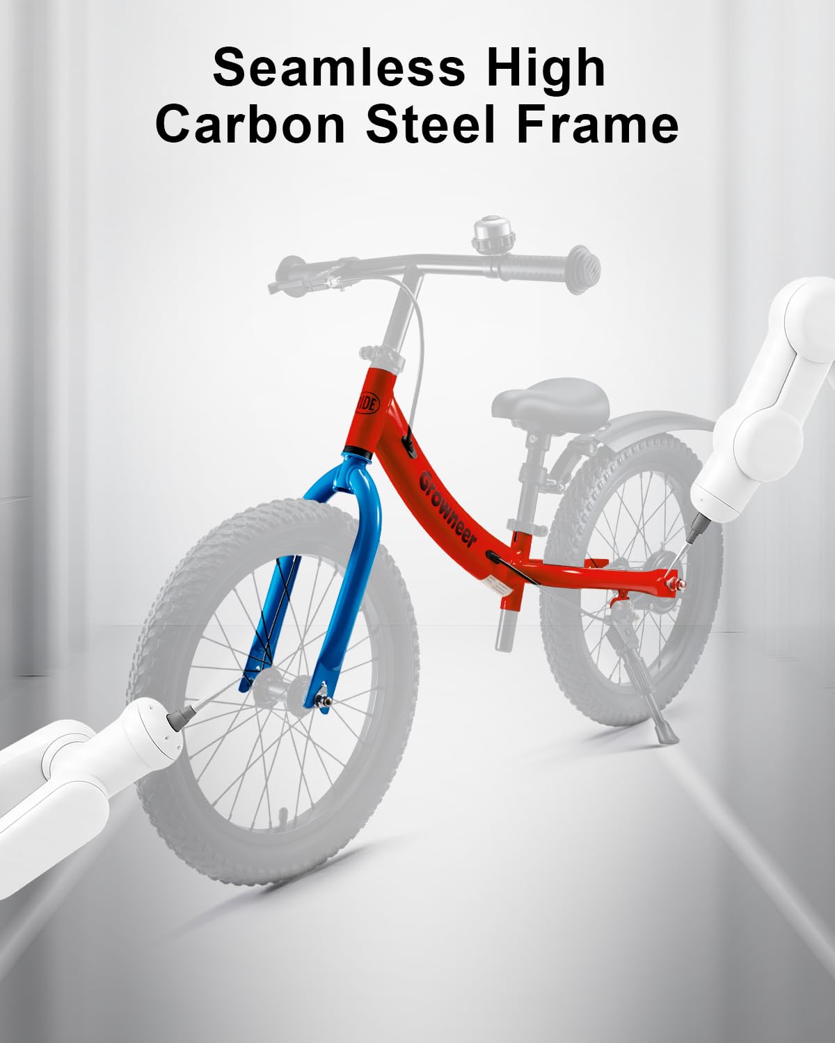 Growneer balance bike blue rear view, highlights safety features like brake