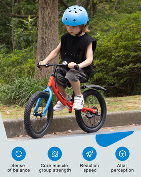 Growneer balance bike blue side view, supports growing kids with adjustable fit