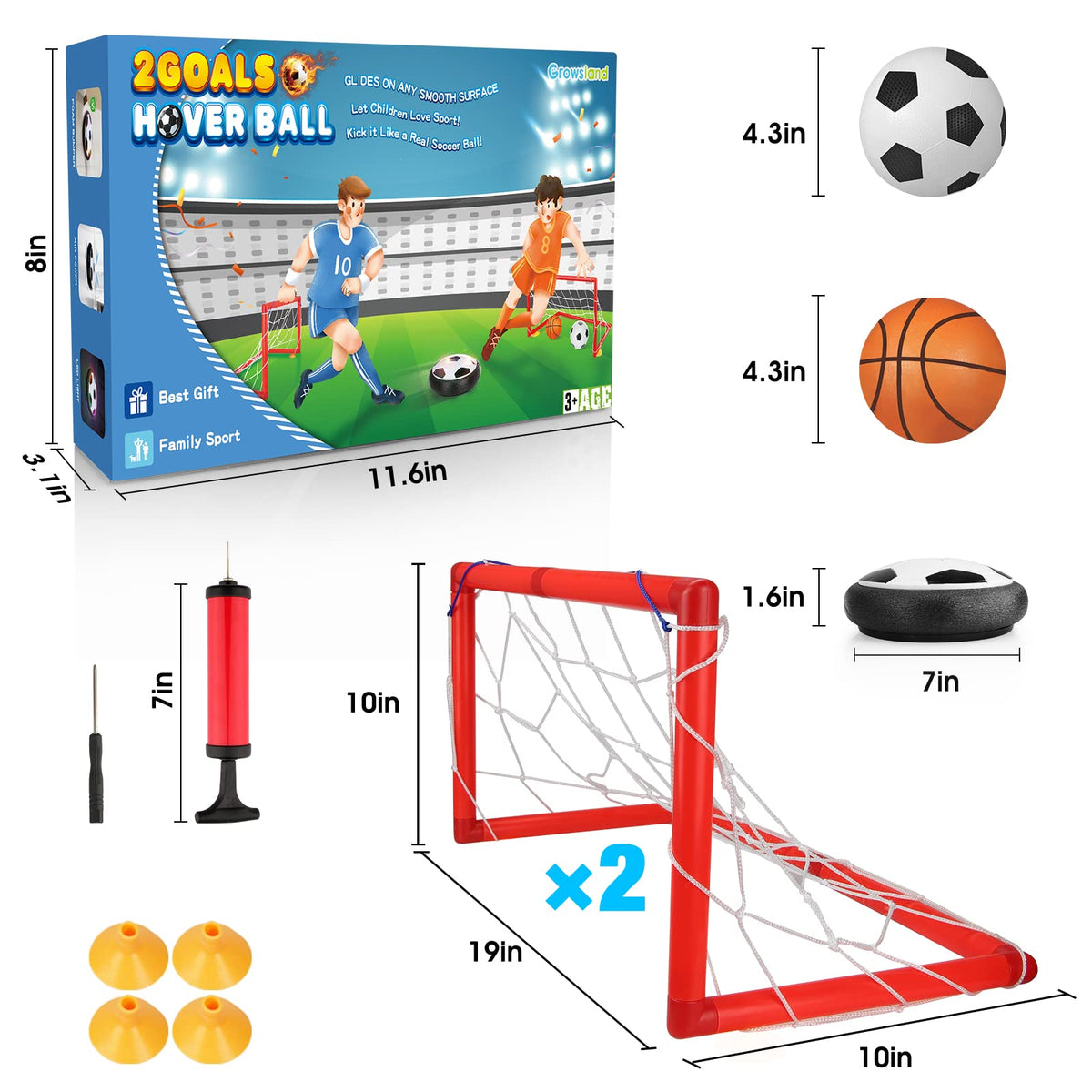 Growsland hover soccer ball side view with LED glow for indoor use