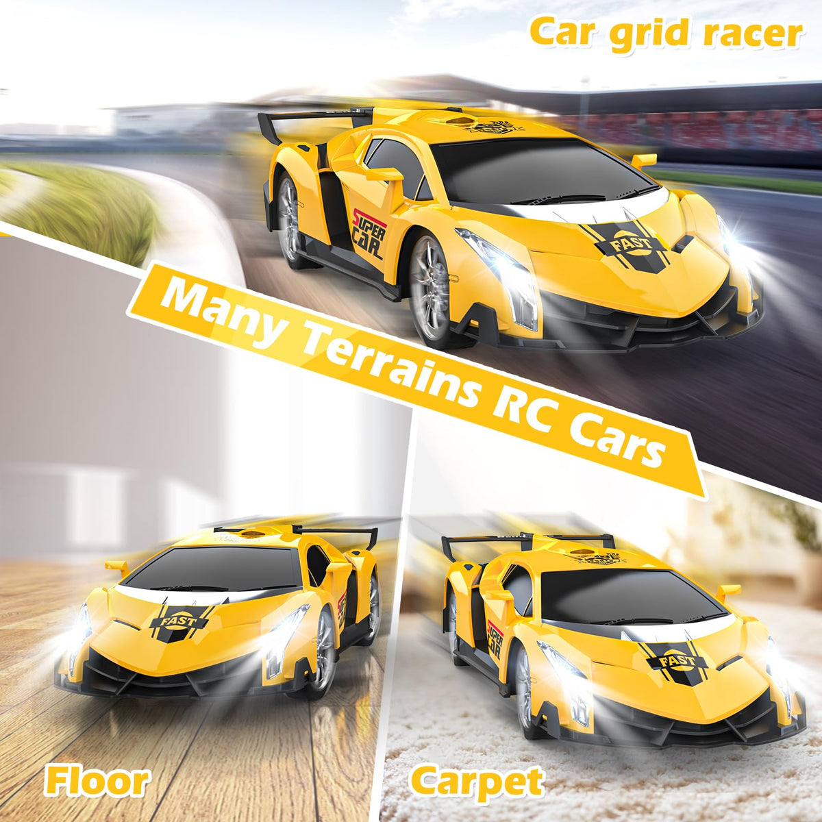 Growsland RC car with LED lights increases excitement in dim rooms.