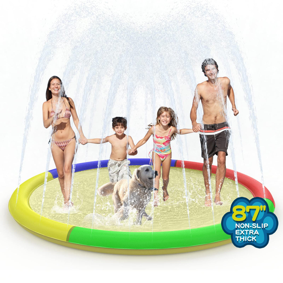 Growsland 87-inch splash pad in backyard offers spacious water play for kids and pets.