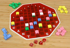 Gryphon Games Cant Stop runners advancing on the board as players plan.