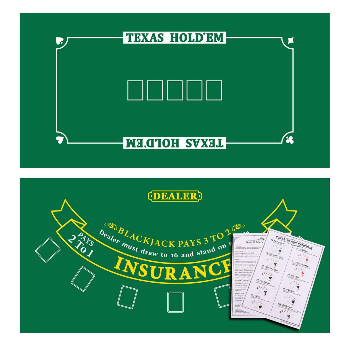 GSE 36x72 blackjack and Texas Hold'em layout mat on a home table for convenient games.