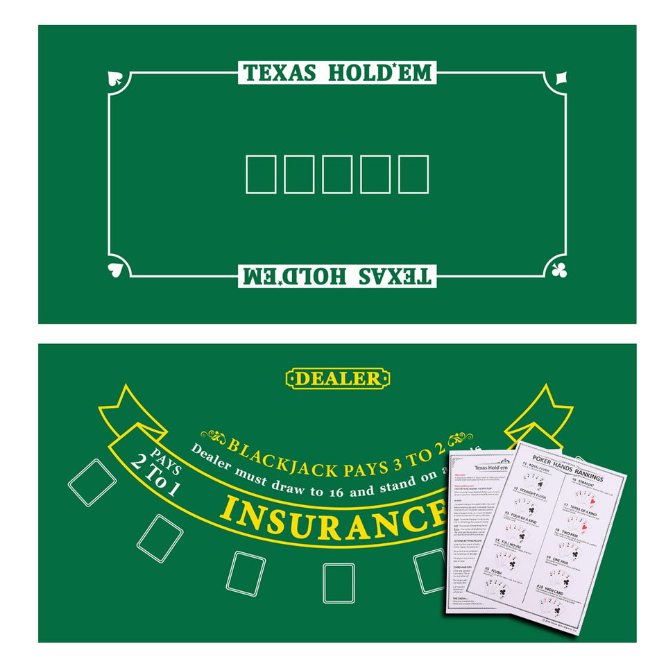 GSE 36x72 blackjack and Texas Hold'em layout mat on a home table for convenient games.