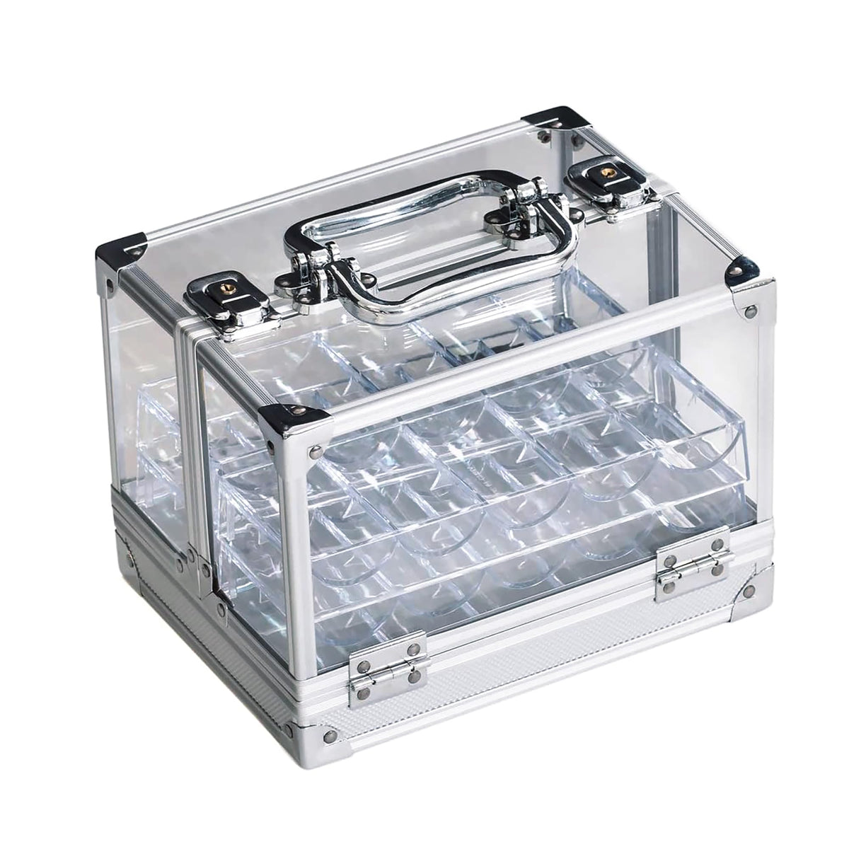 GSE acrylic poker chip case with six trays neatly displays chips for quick visual inventory.