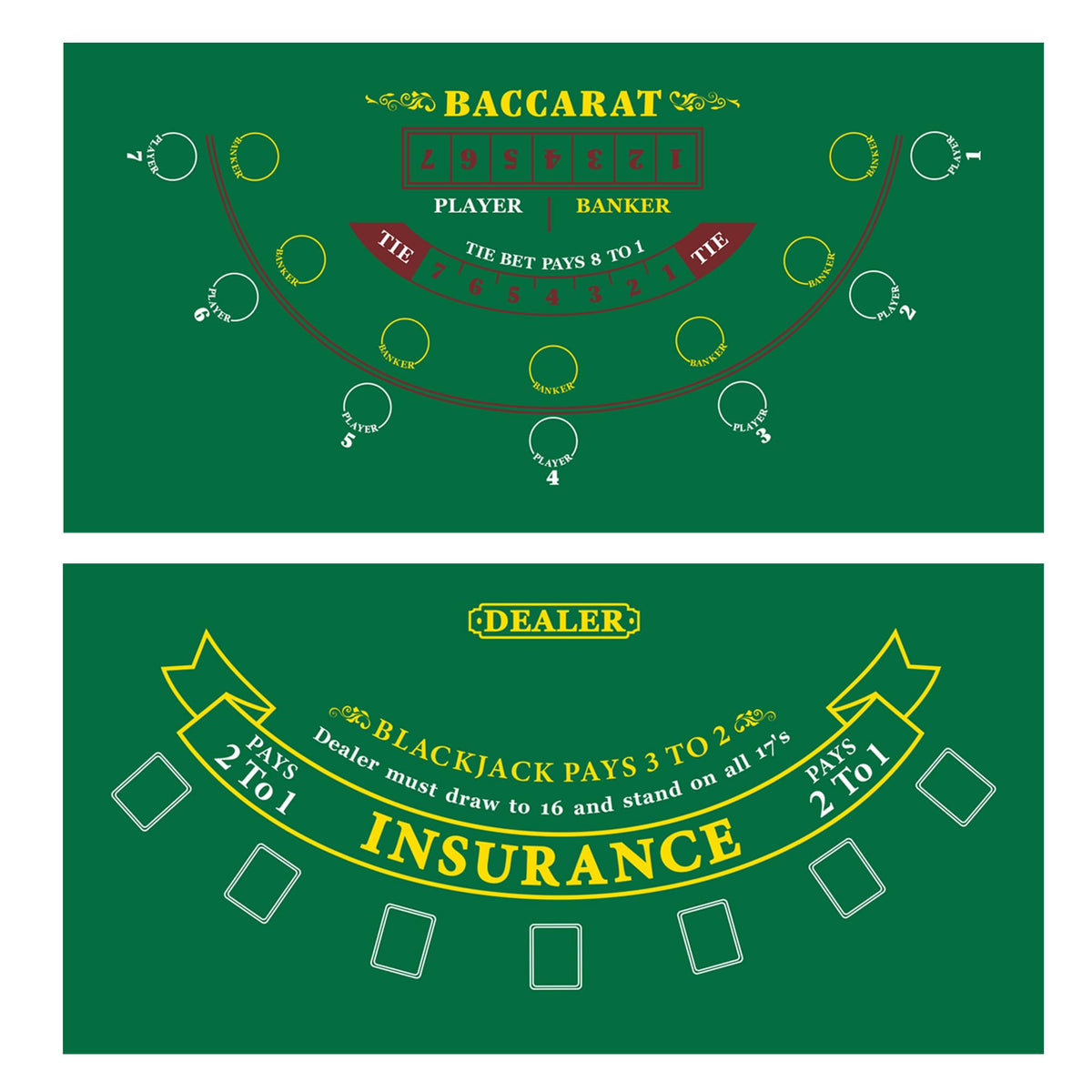 GSE blackjack layout mat on table for home casino game nights.