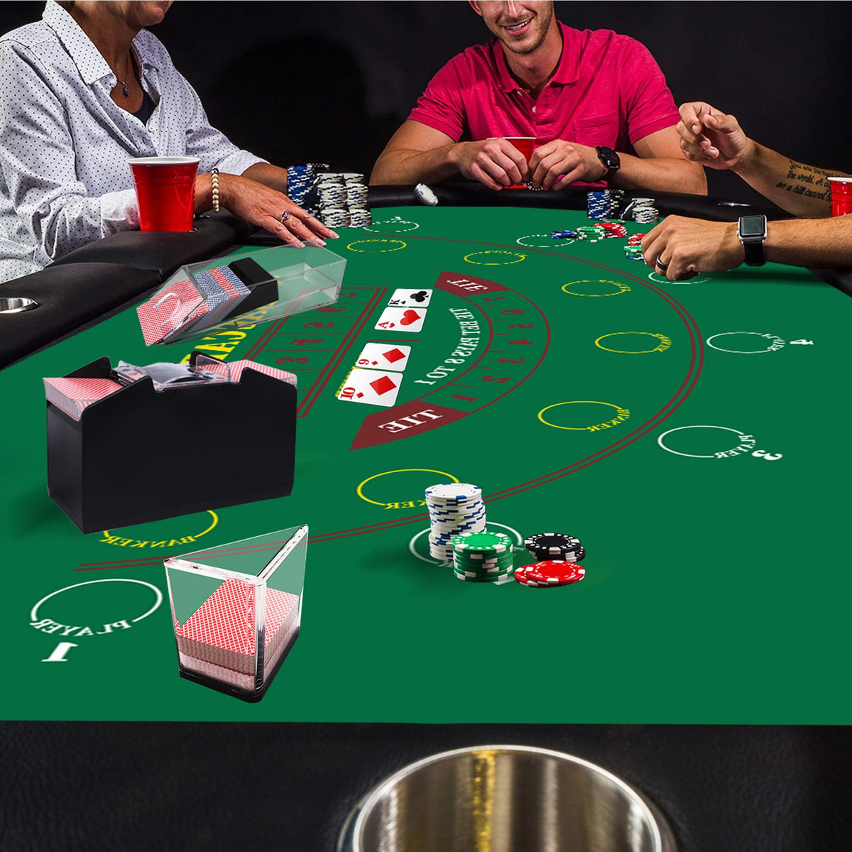 GSE baccarat layout on felt supports engaging group games.