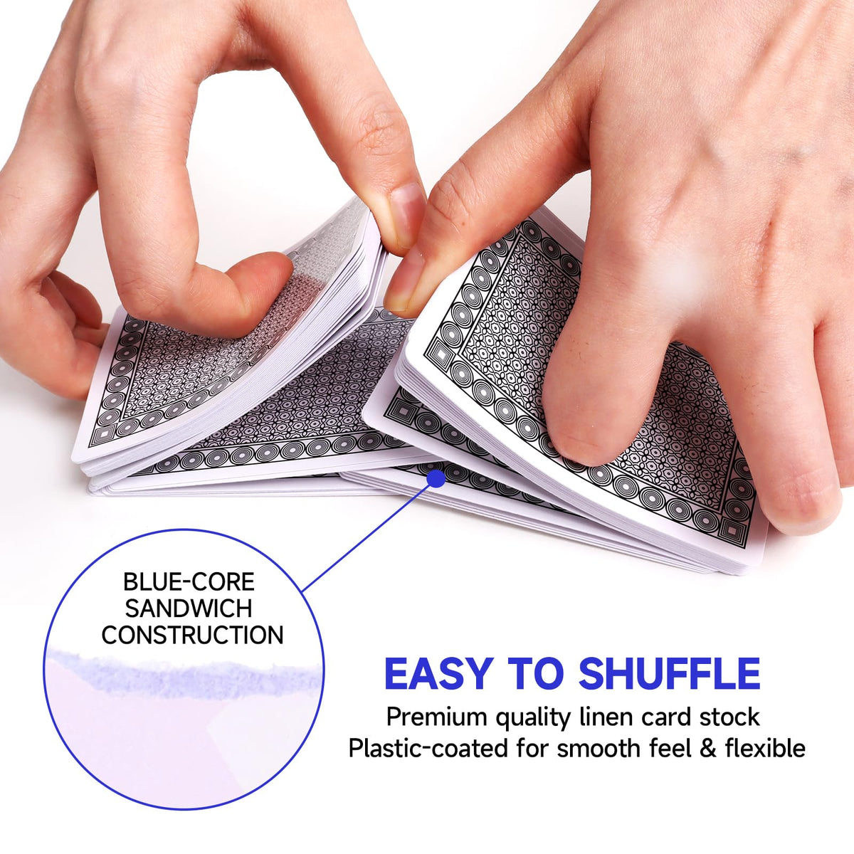 GSE blue-core paper increases stiffness for durable, smooth shuffles.