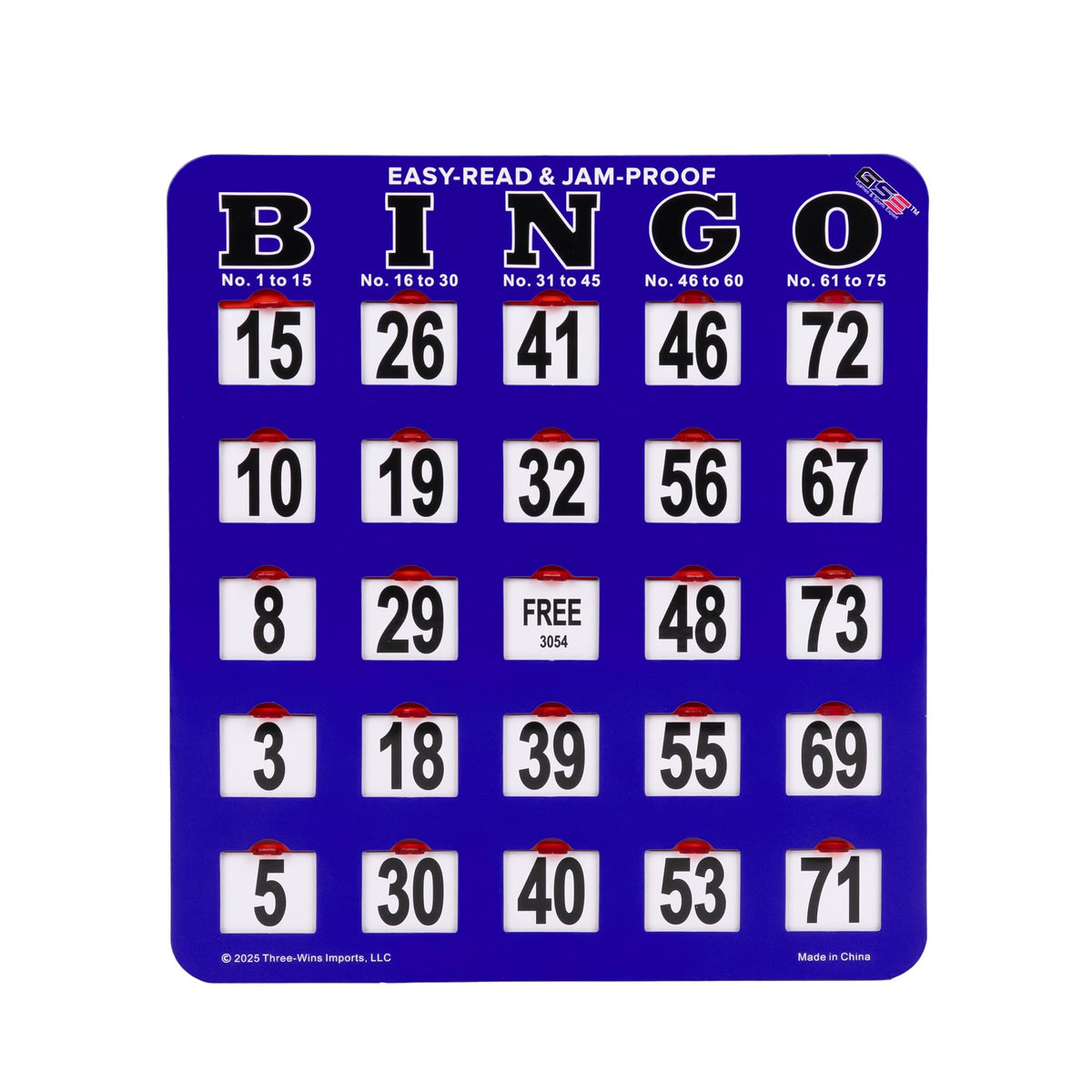 GSE jumbo easy-read bingo card with blue slide windows for clear numbers
