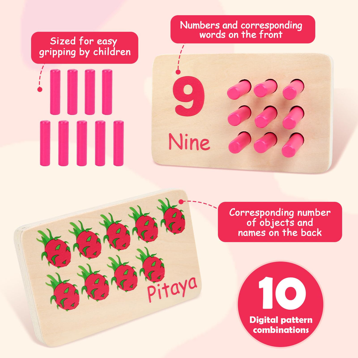 Gserin Montessori toy featuring animal and fruit visuals to aid counting