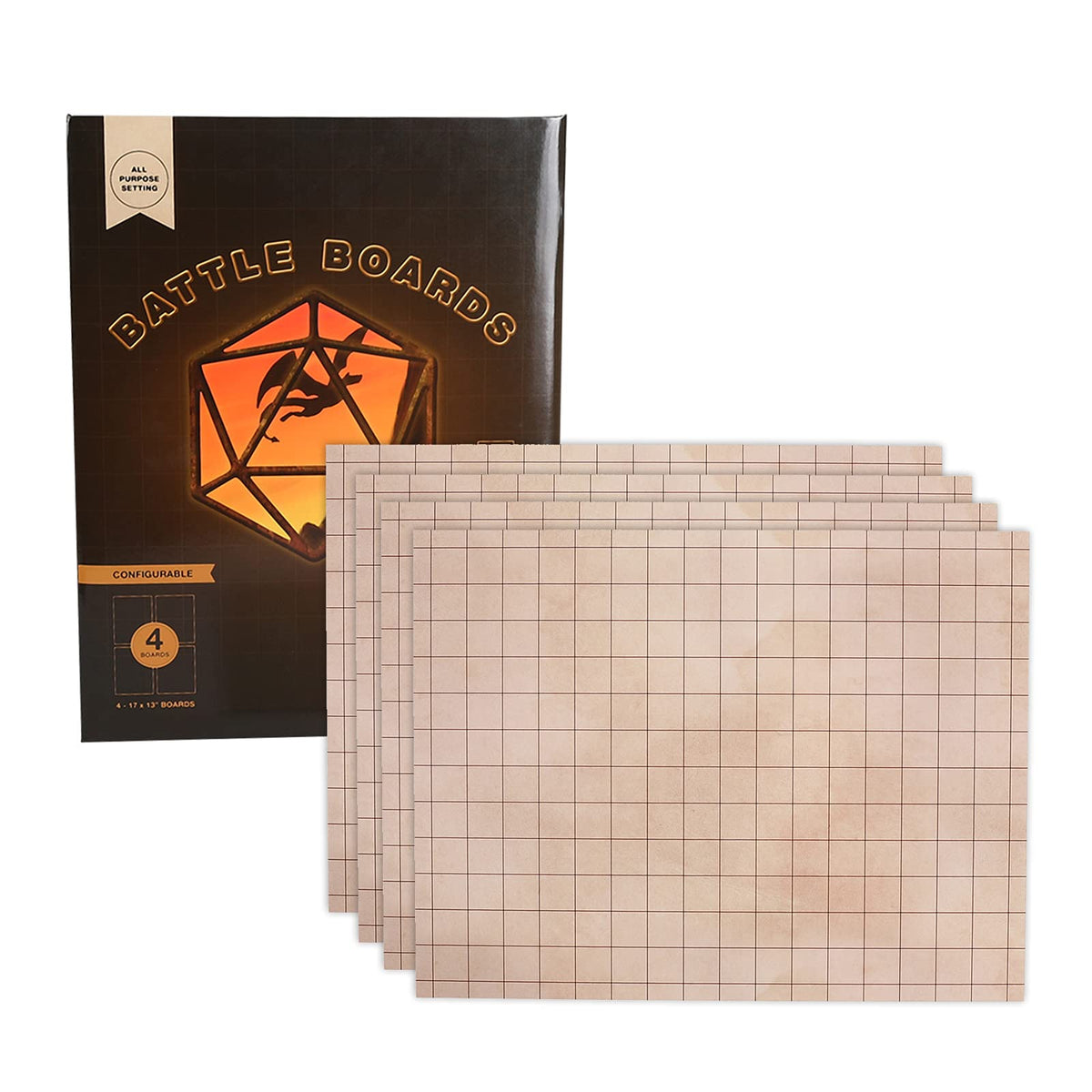 GSM Brands Battle Mat grid four-pack flatlay shows modular RPG setup options.