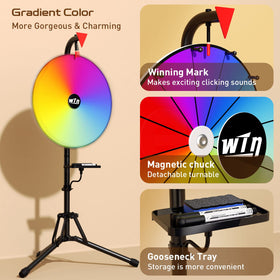 Foldable tripod stand of the GSOW prize wheel for easy transport and setup.