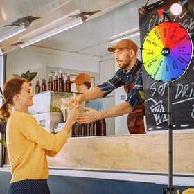 GSOW prize wheel at different height for versatile setups in booths and classrooms.