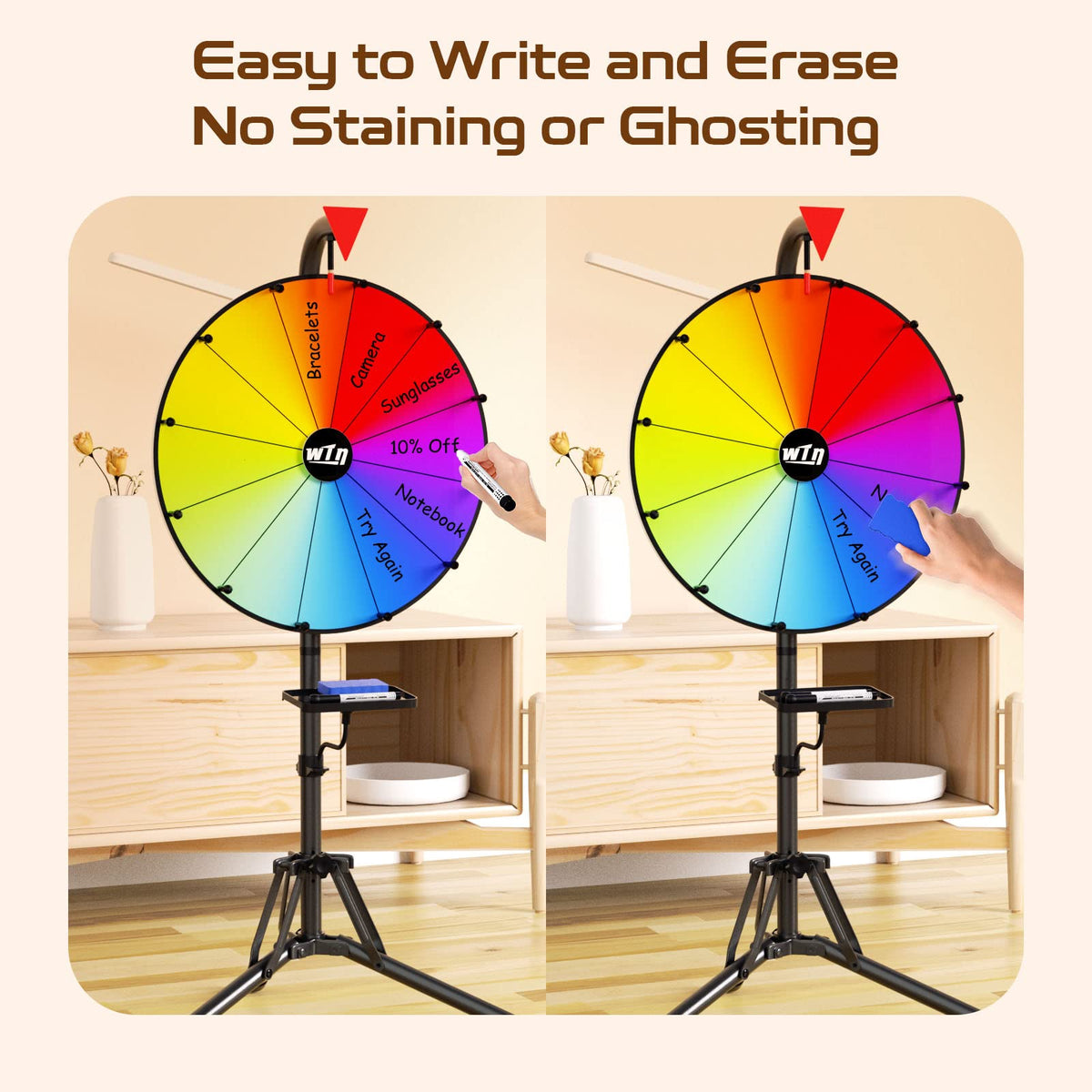 Gooseneck tray stores markers and eraser for quick gameplay adjustments.