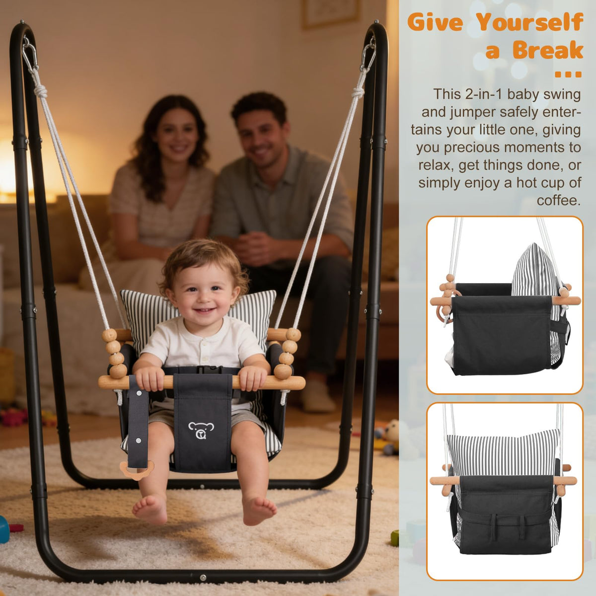 G TALECO GEAR indoor-outdoor use demonstrating versatile baby swing for any space.