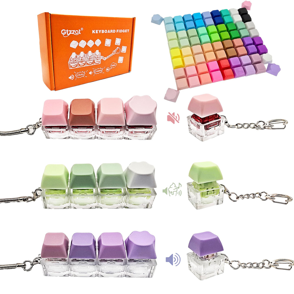 Gtzzot six-piece keyboard fidget set in gift box, ready for gifting and travel.