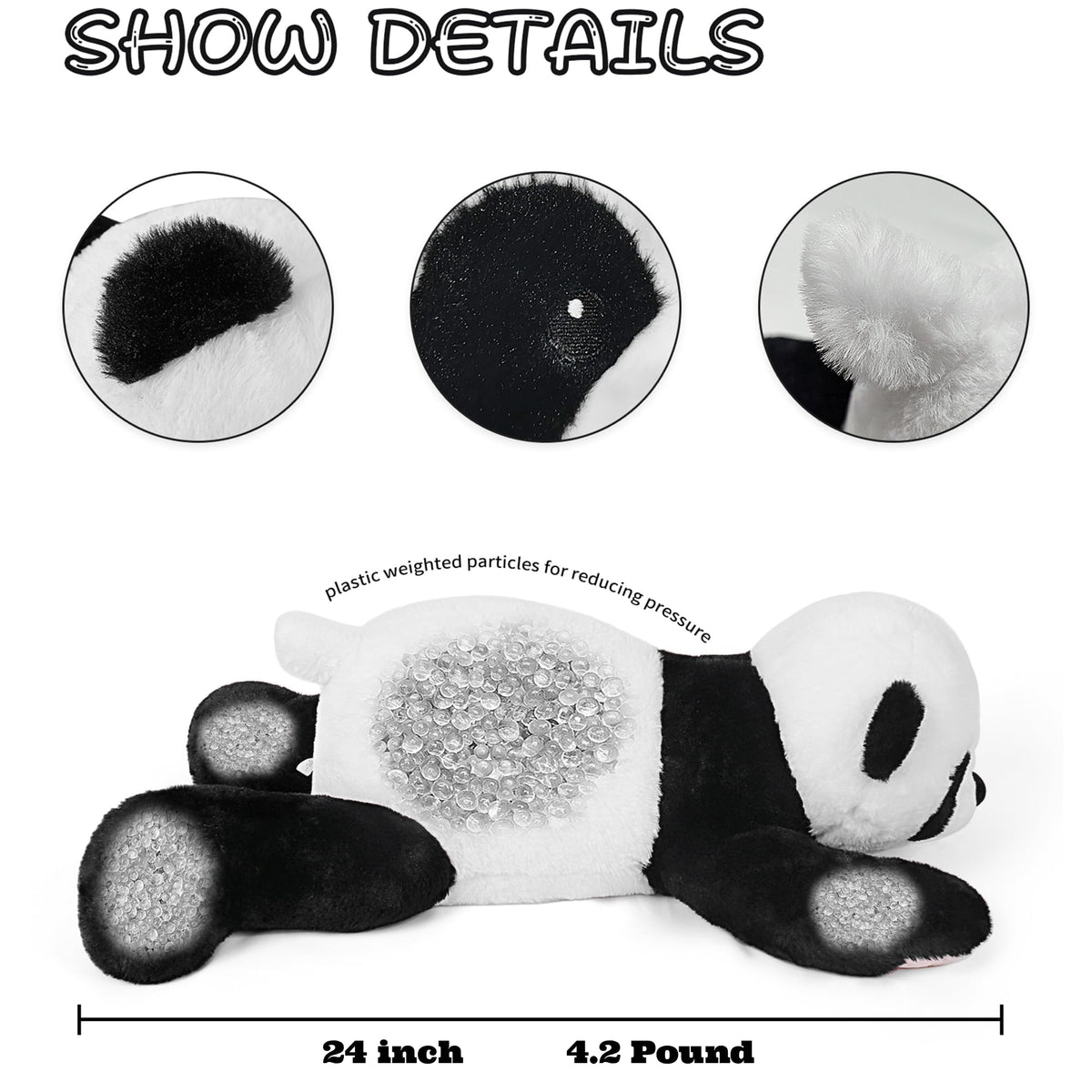 Gubuy panda with embroidered eyes and nose, friendly daily playmate.