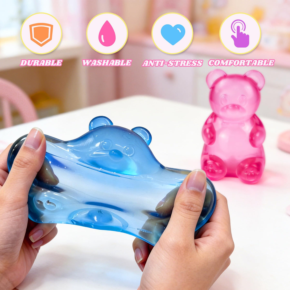 Gucbbaui sugar squishy gummy bear pink design invites playful fidgeting.