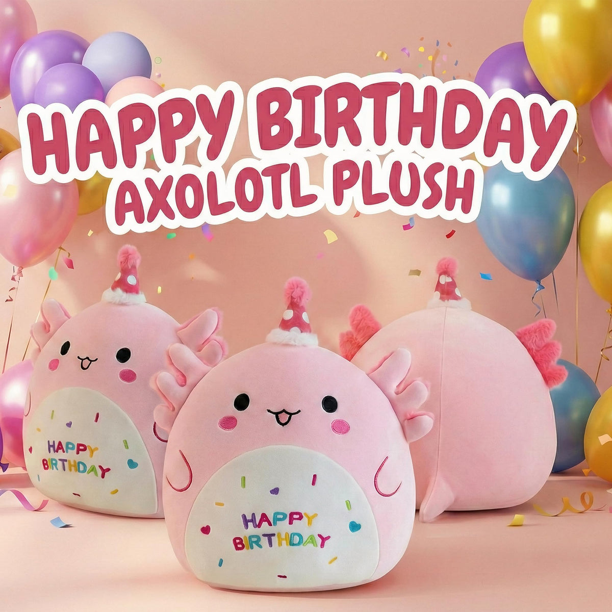 Gudisi Axolotl Plush wearing birthday hat for festive gift moments