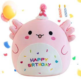 Gudisi axolotl plush front view shows a soft pink cuddle buddy for bedtime