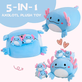 Gudisi axolotl plush shows the unzip feature revealing four baby plushies inside.