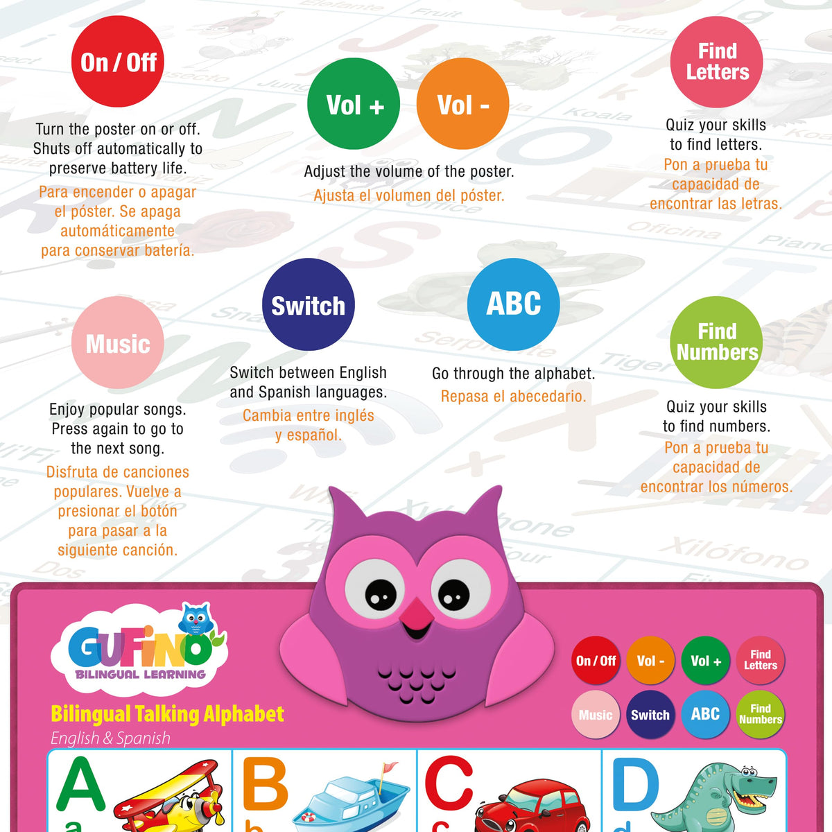 Gufino Alphabet Wall Chart native pronunciations support accurate bilingual exposure.