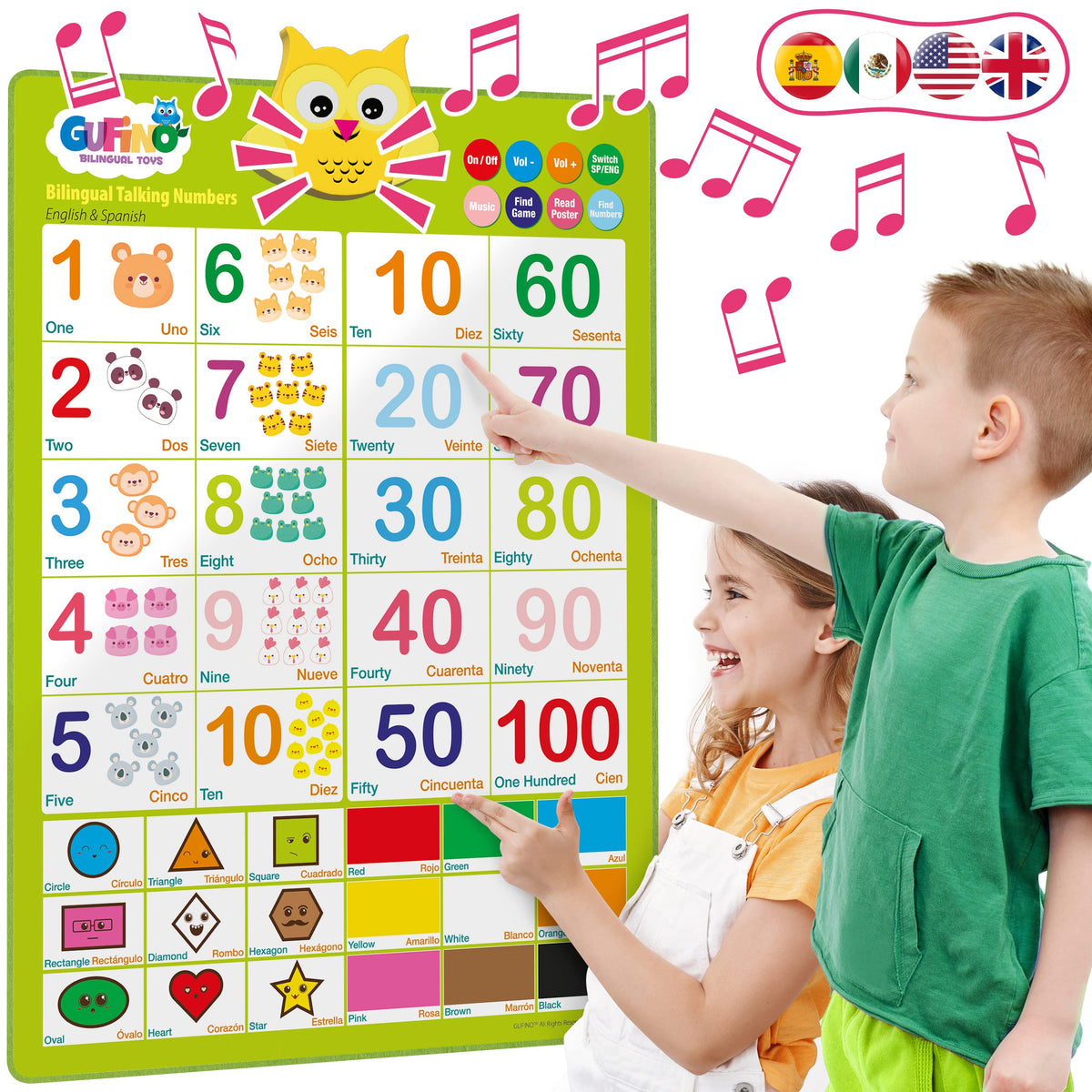 GUFINO bilingual number chart wall teaches numbers in English and Spanish for toddlers.