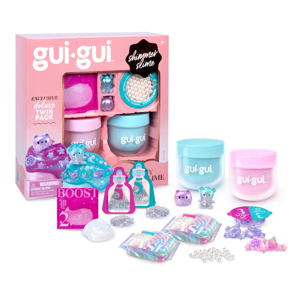 Gui Gui Shimmer Deluxe Duo Pack opened, two iridescent slimes for creative play.