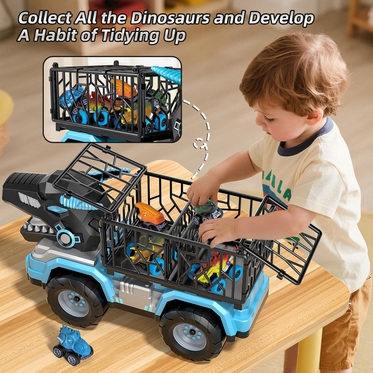 Guminnara child enjoys collaborative play with the Dino truck set.