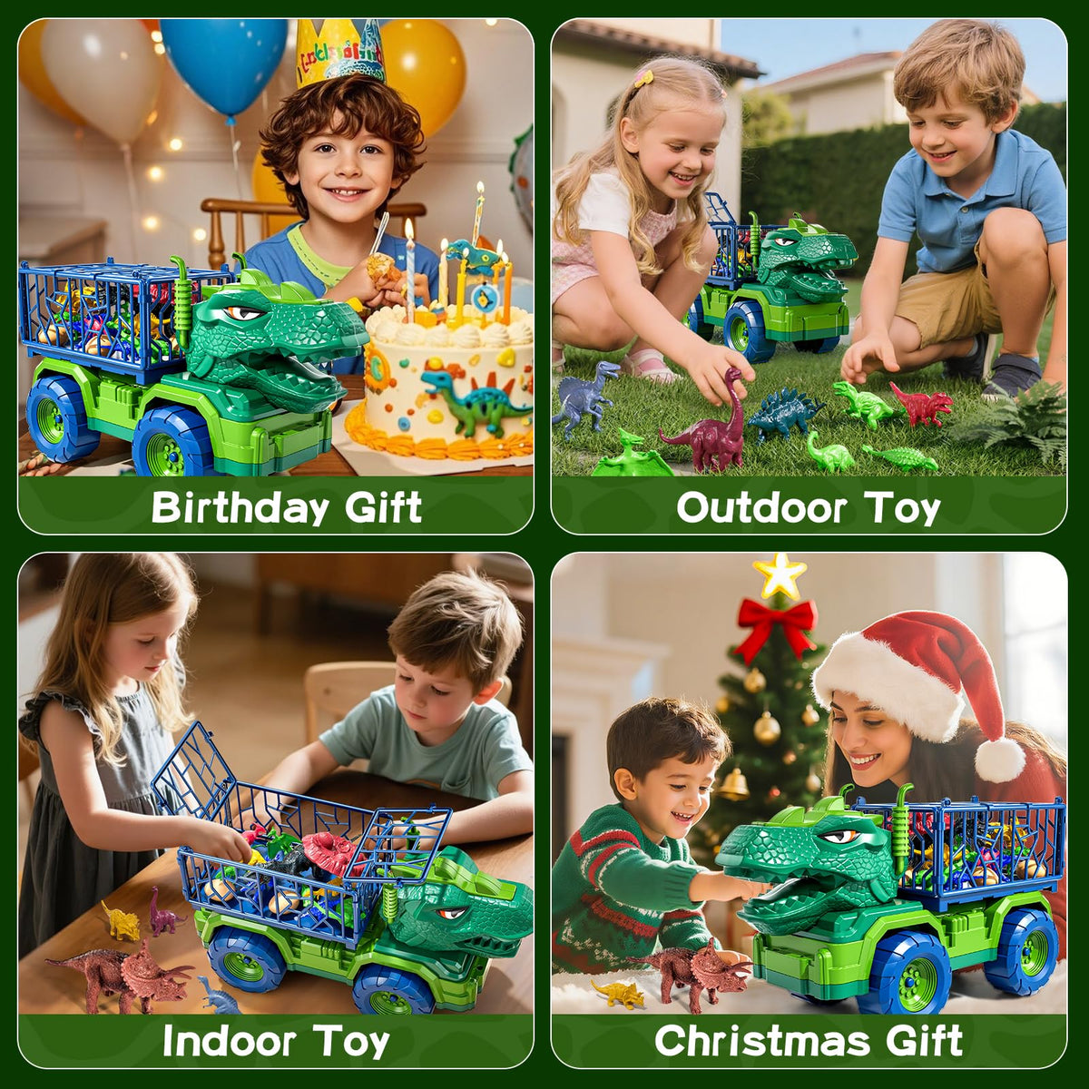 Guminnara four-wheeled dino truck offers stable indoor and outdoor play.