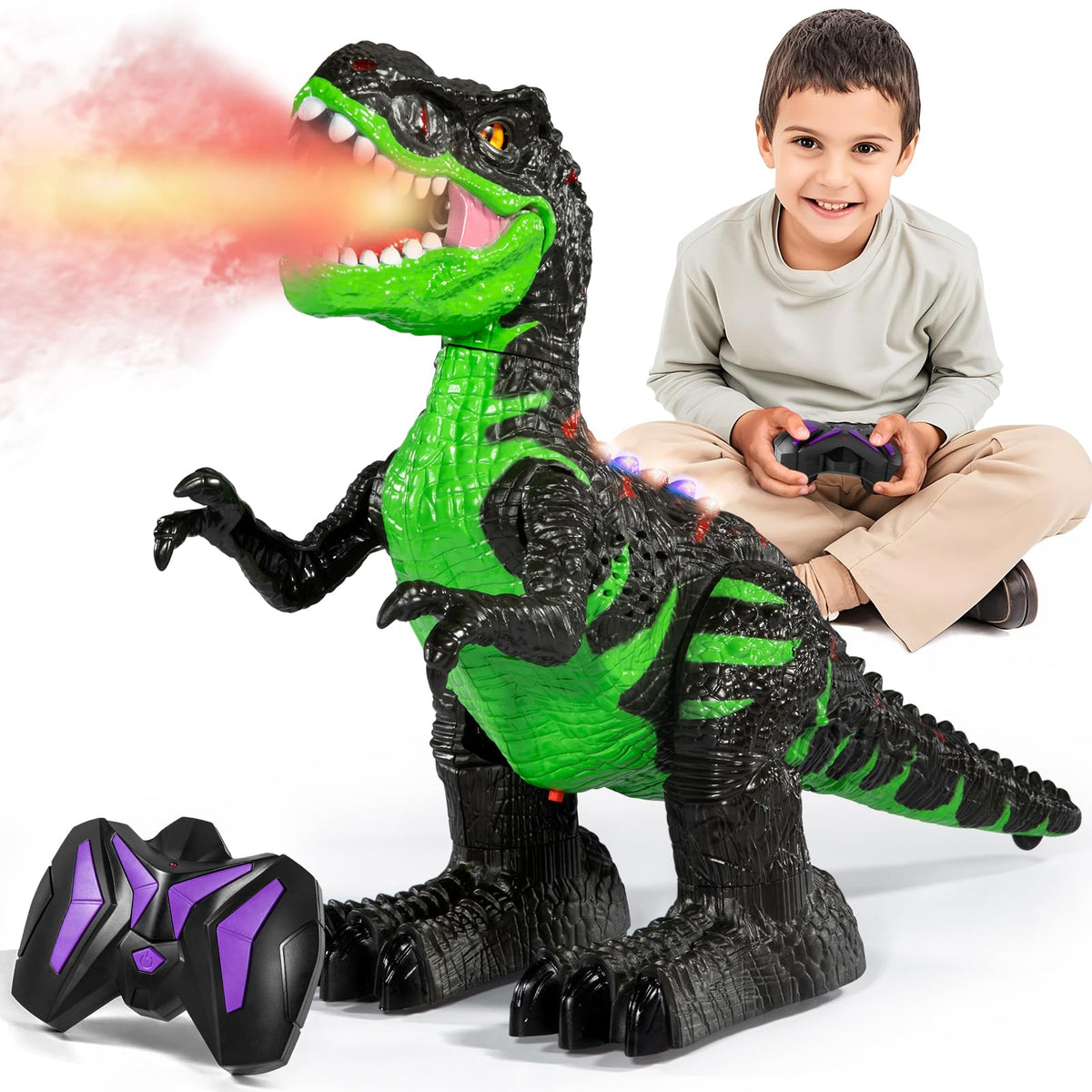 Guminnara RC dinosaur front view emphasizes precise steering for play