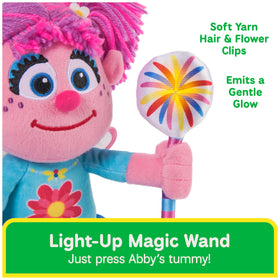 GUND Abby Cadabby plush wearing blue satin dress feels soft and cuddly