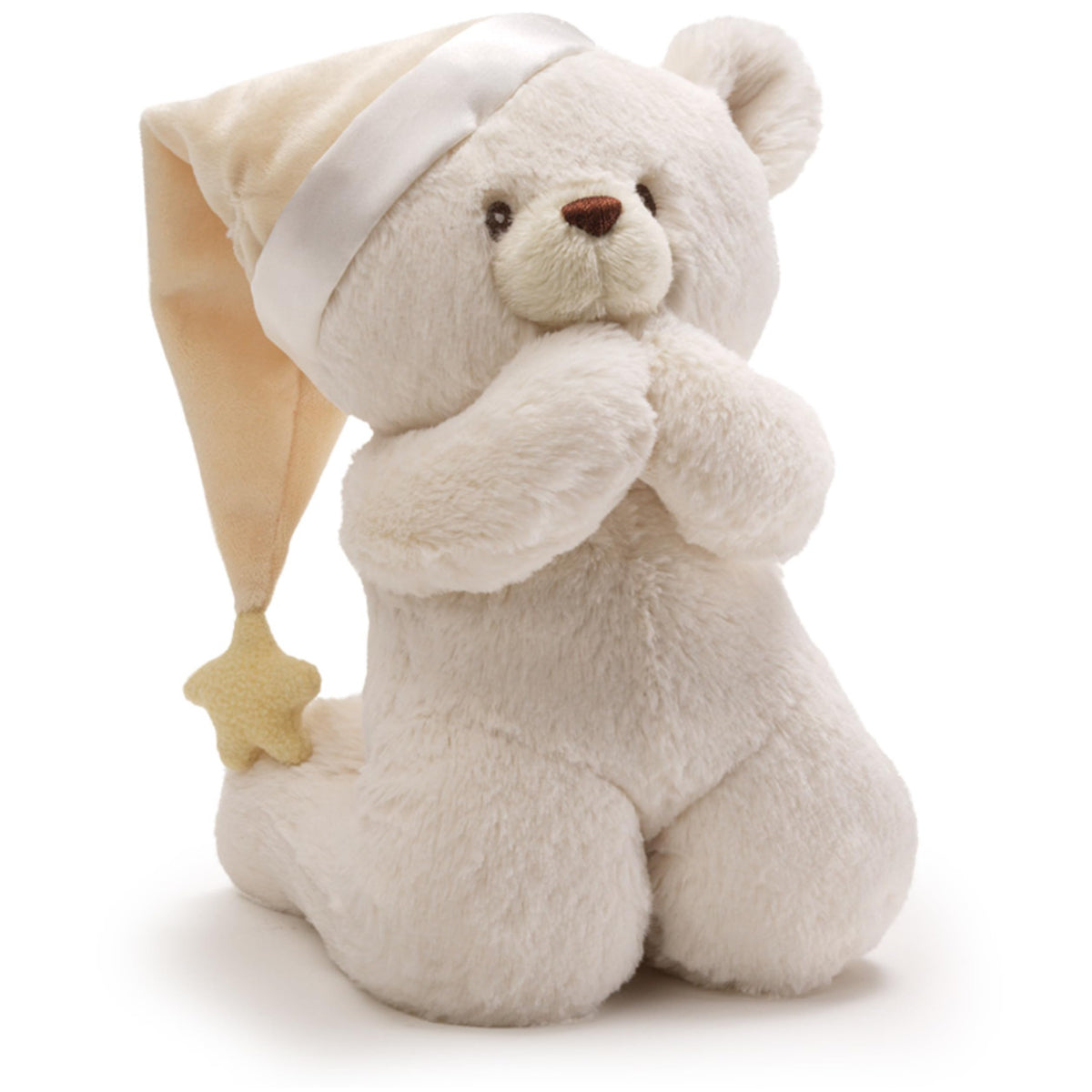 GUND Baby Prayer Teddy Bear with sleeping cap recites bedtime prayer.