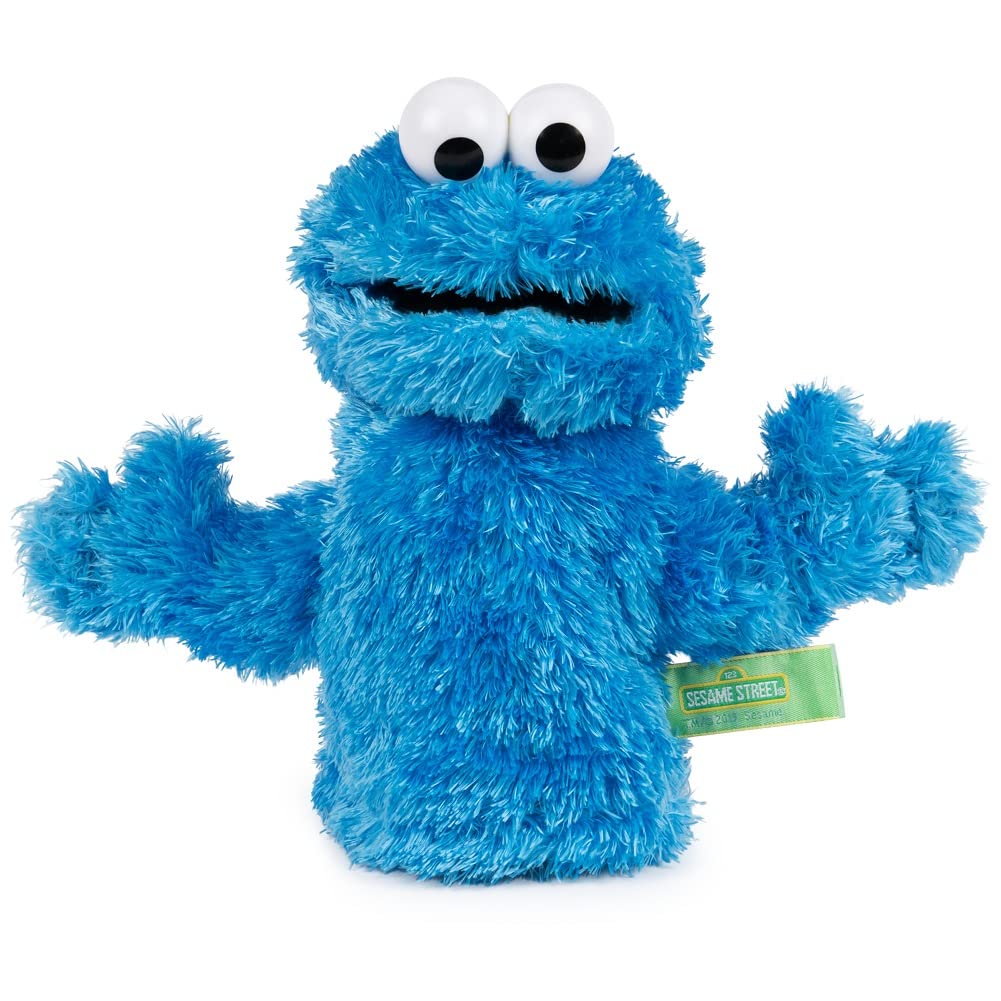 GUND Cookie Monster hand puppet in blue plush, 11-inch size for puppeteering fun.