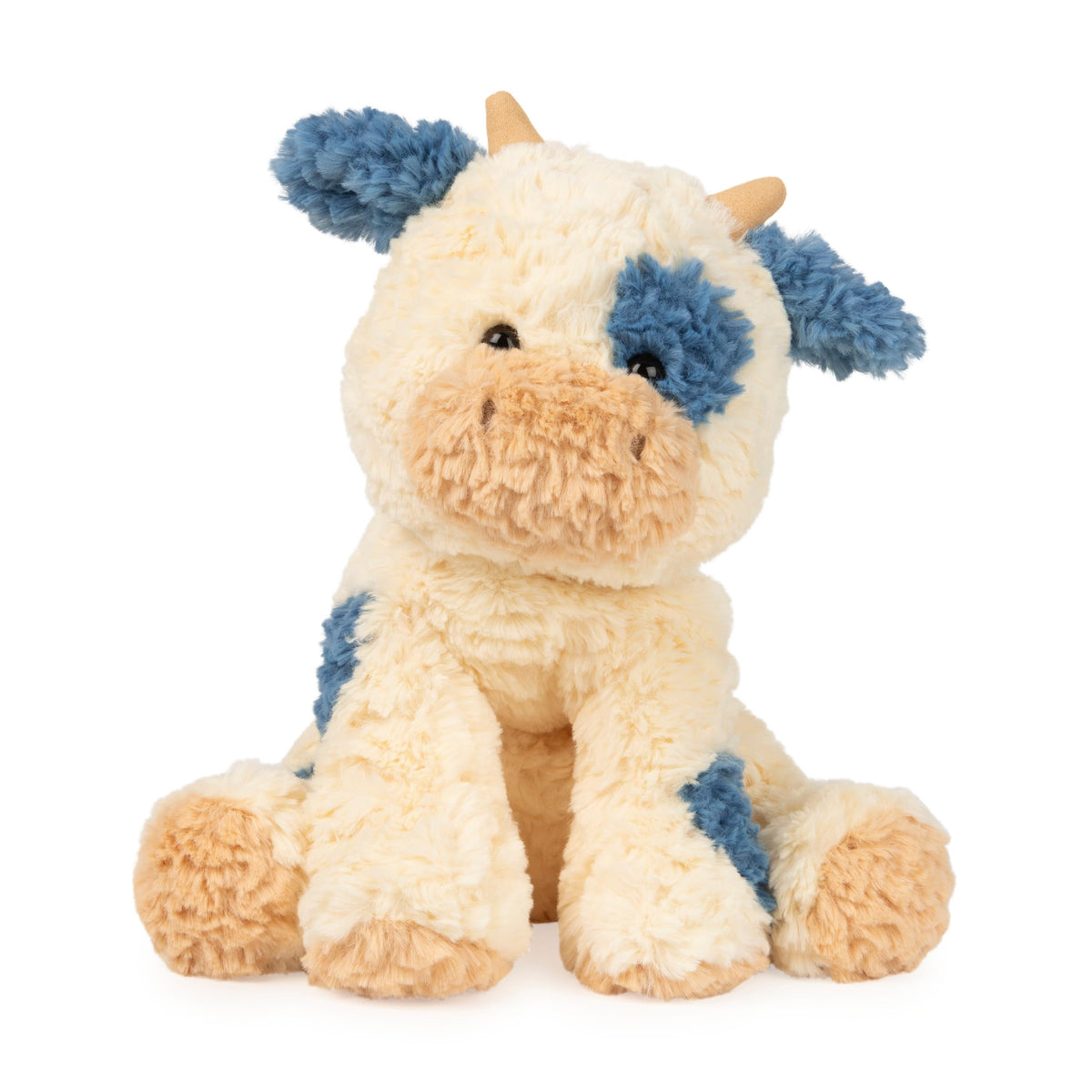 GUND Cozys Cow with cream fur and navy spots, ideal for hugs.