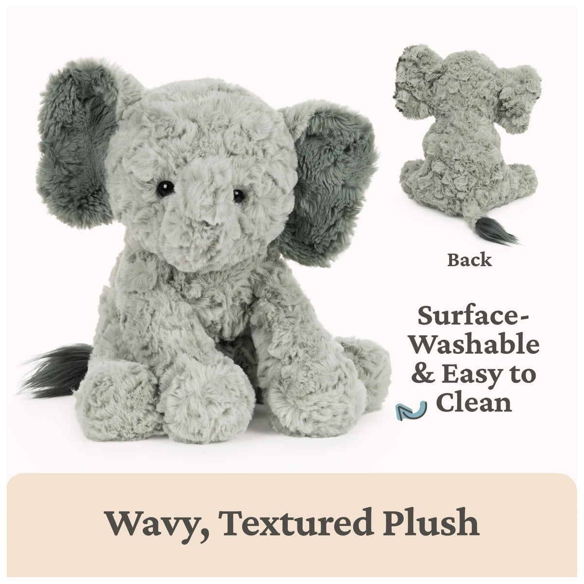 GUND Cozys Elephant floppy limbs poseable for squeezable play.