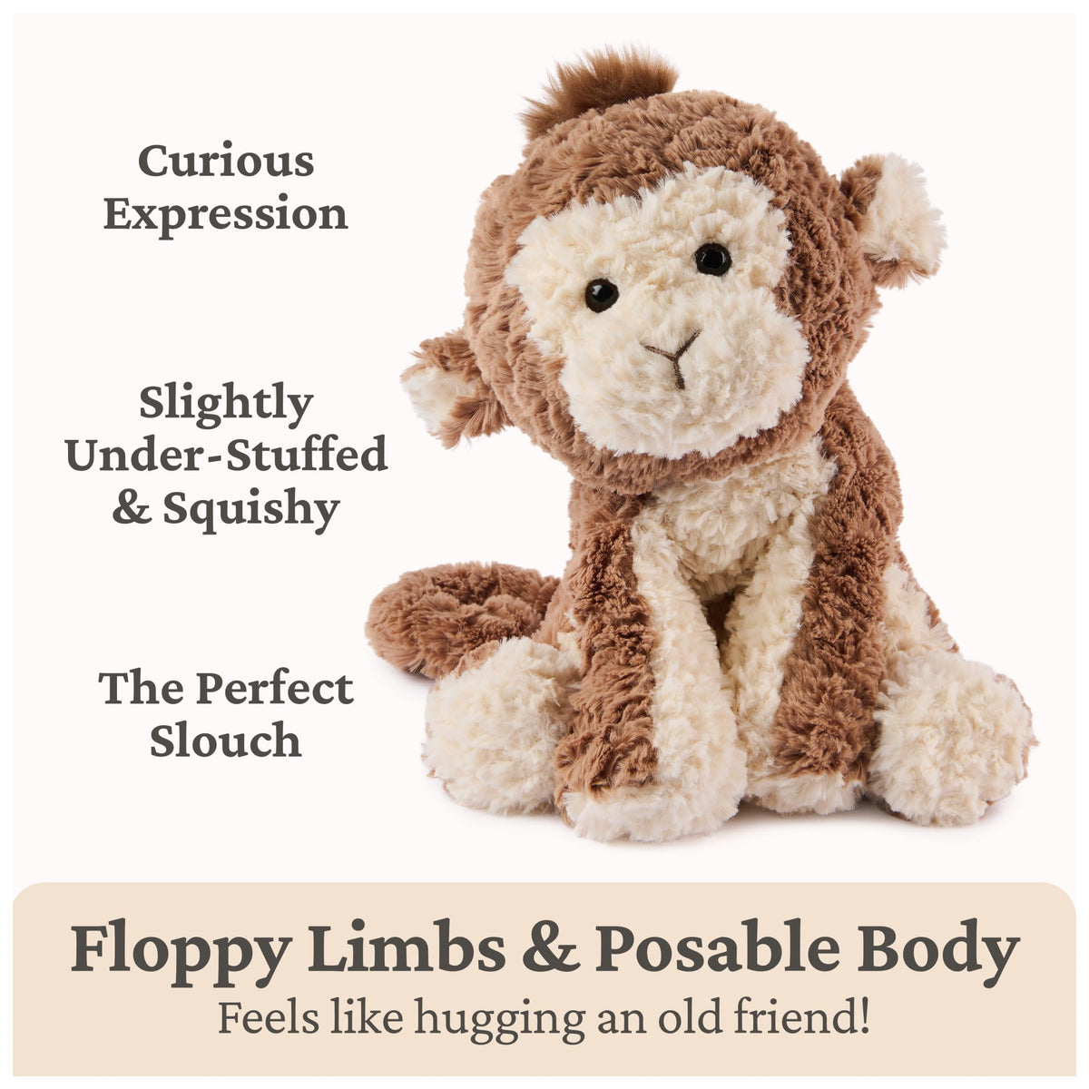 GUND Cozys Monkey curly tail detail adds playful charm during cuddling.