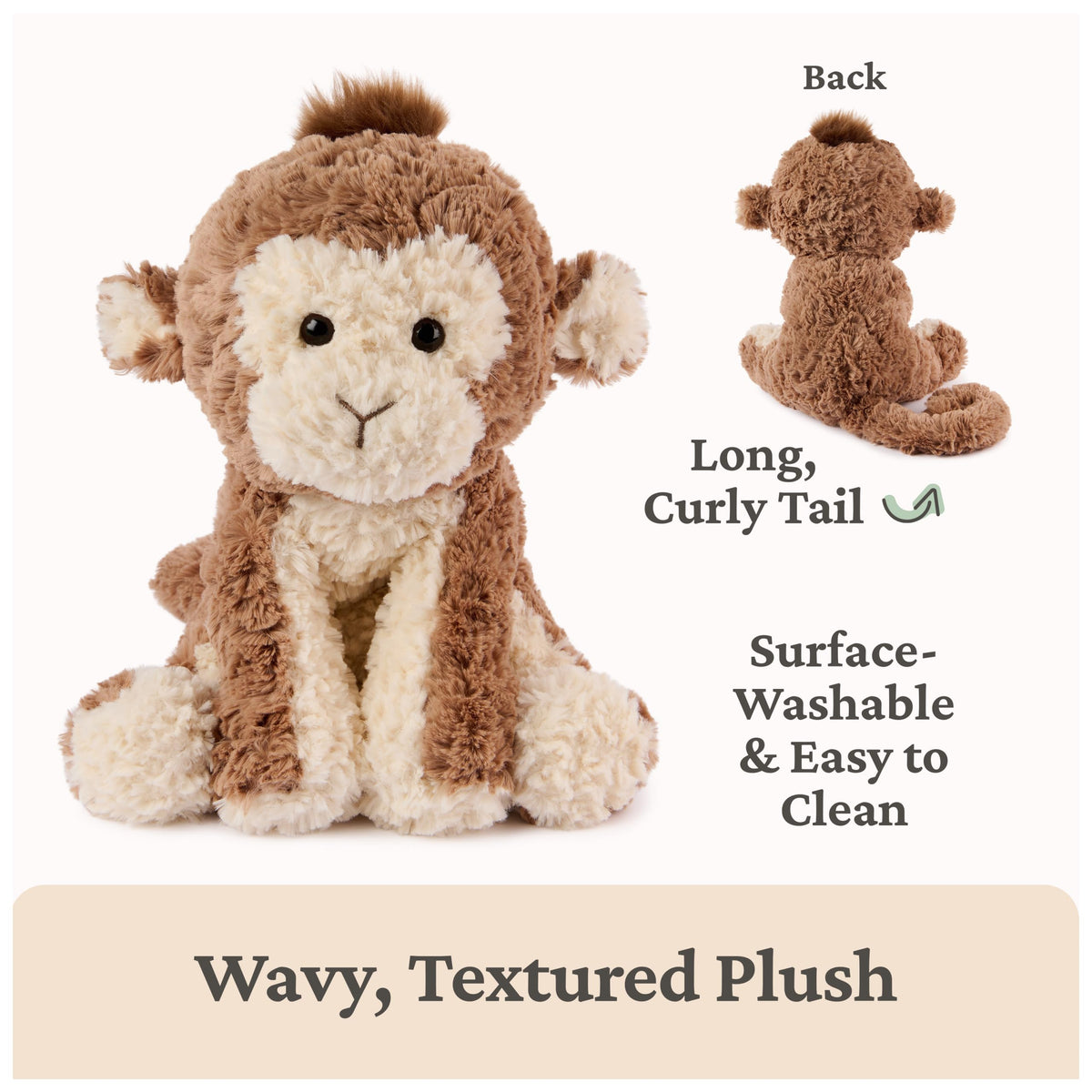 GUND Cozys Monkey wispy head tuft adds character to playtime.