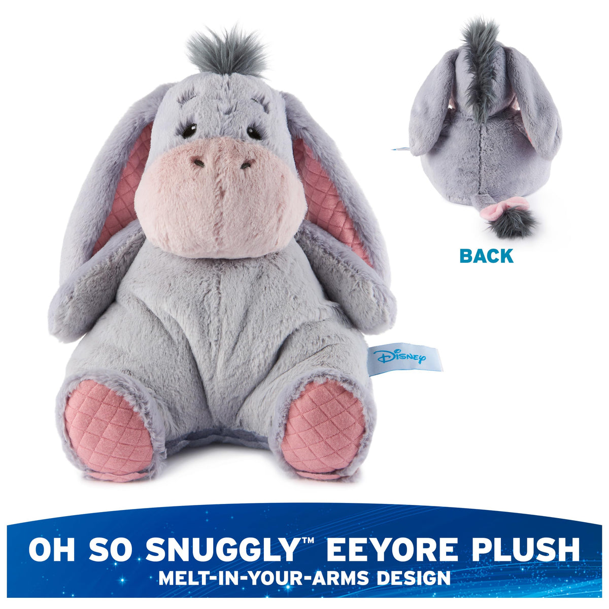 Eeyore's soft gray fur with pink accents invites gentle play and cuddling.