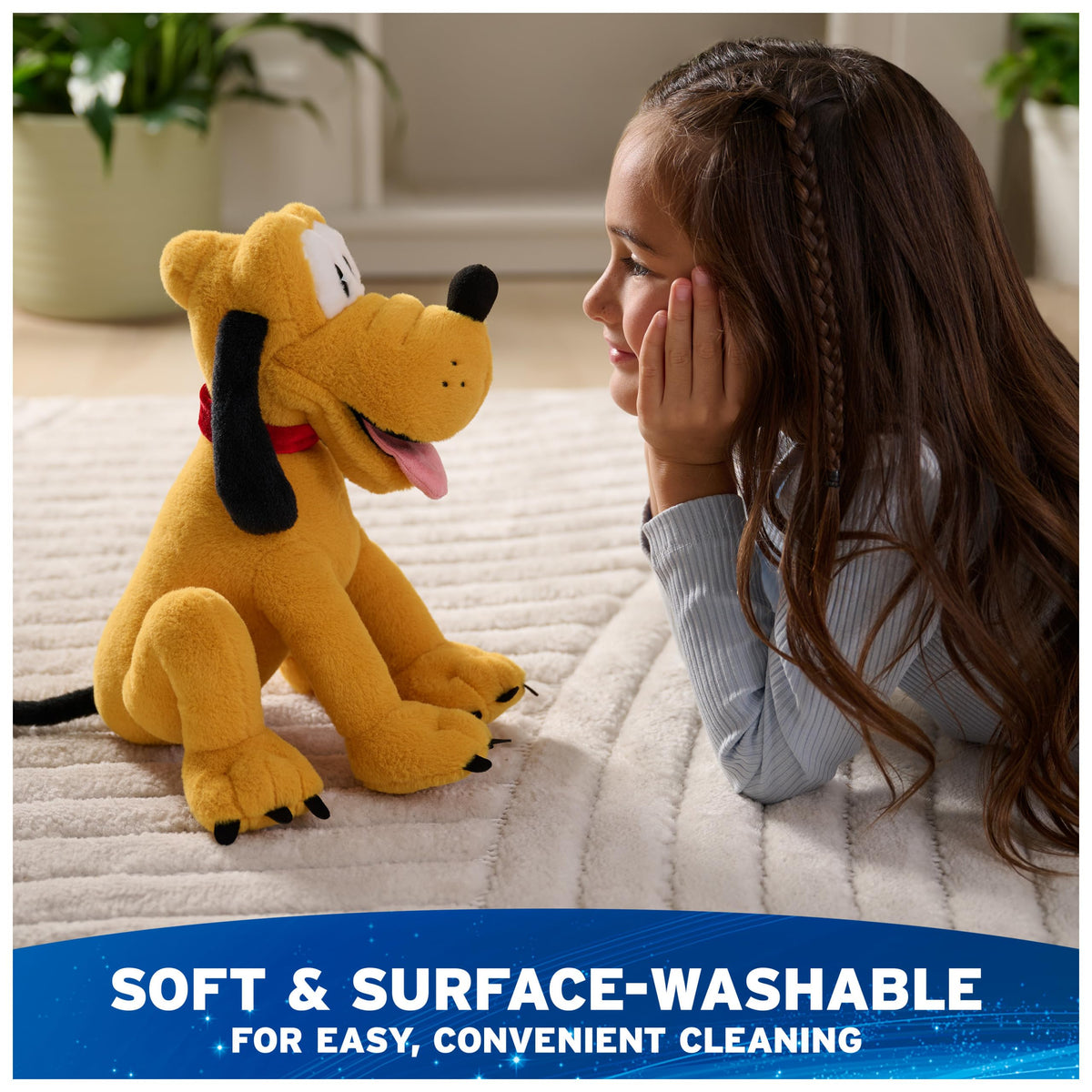 Pluto's long plush tail from the seated pose.