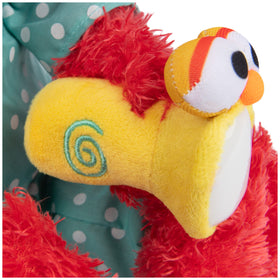 Soft surface-washable Elmo plush stays cuddly after playtime.