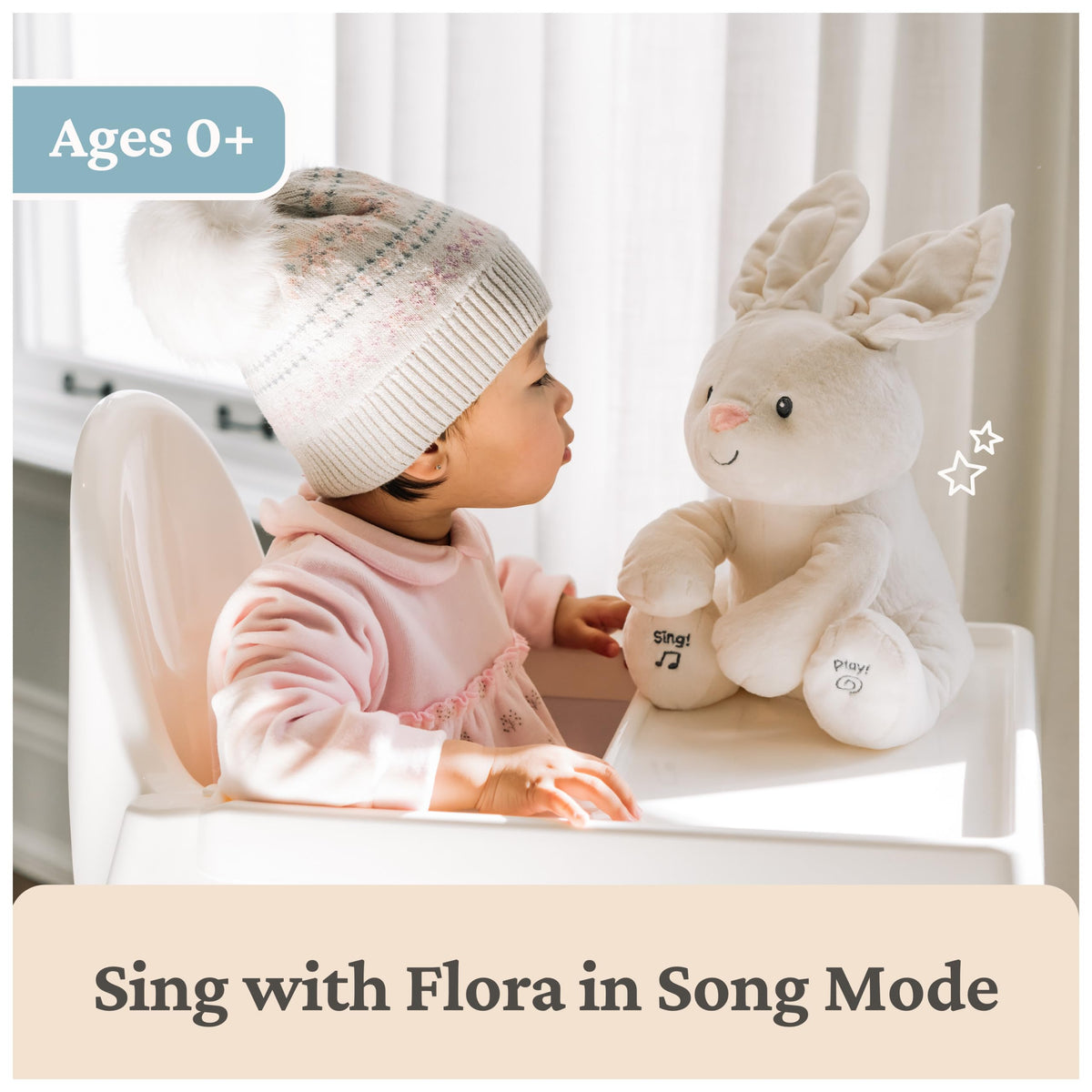 GUND Flora the Bunny singing mode, ears flap to rhythm with playful tune