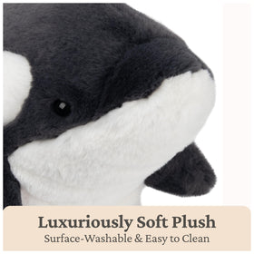 Soft black-and-white fur on Flynn owl plush, cozy bedtime companion