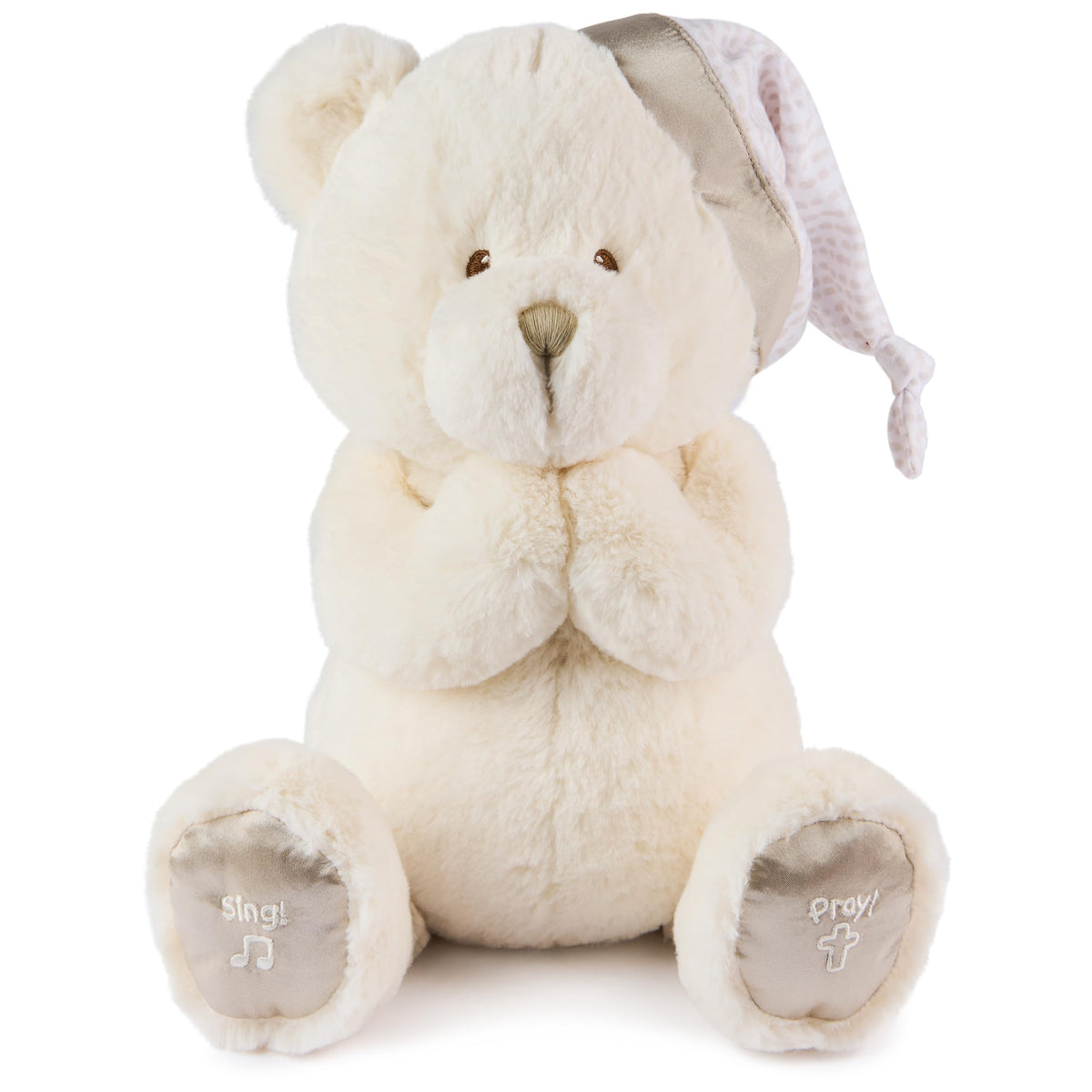 GUND Goodnight Prayer Bear plush in cream with satin paw pads for soothing bedtime cuddles.