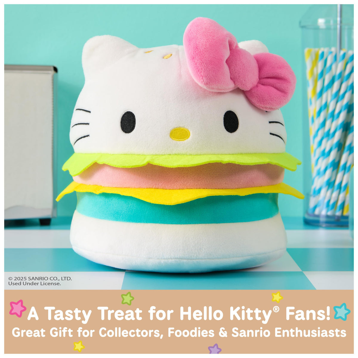 GUND Hello Kitty Hamburger Plush patties detail shows neon pink and blue colors