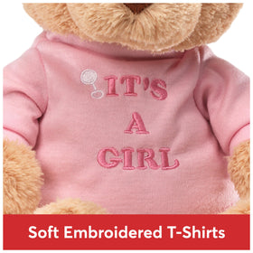 GUND It’s a Girl message bear T-shirt close-up showing pink print